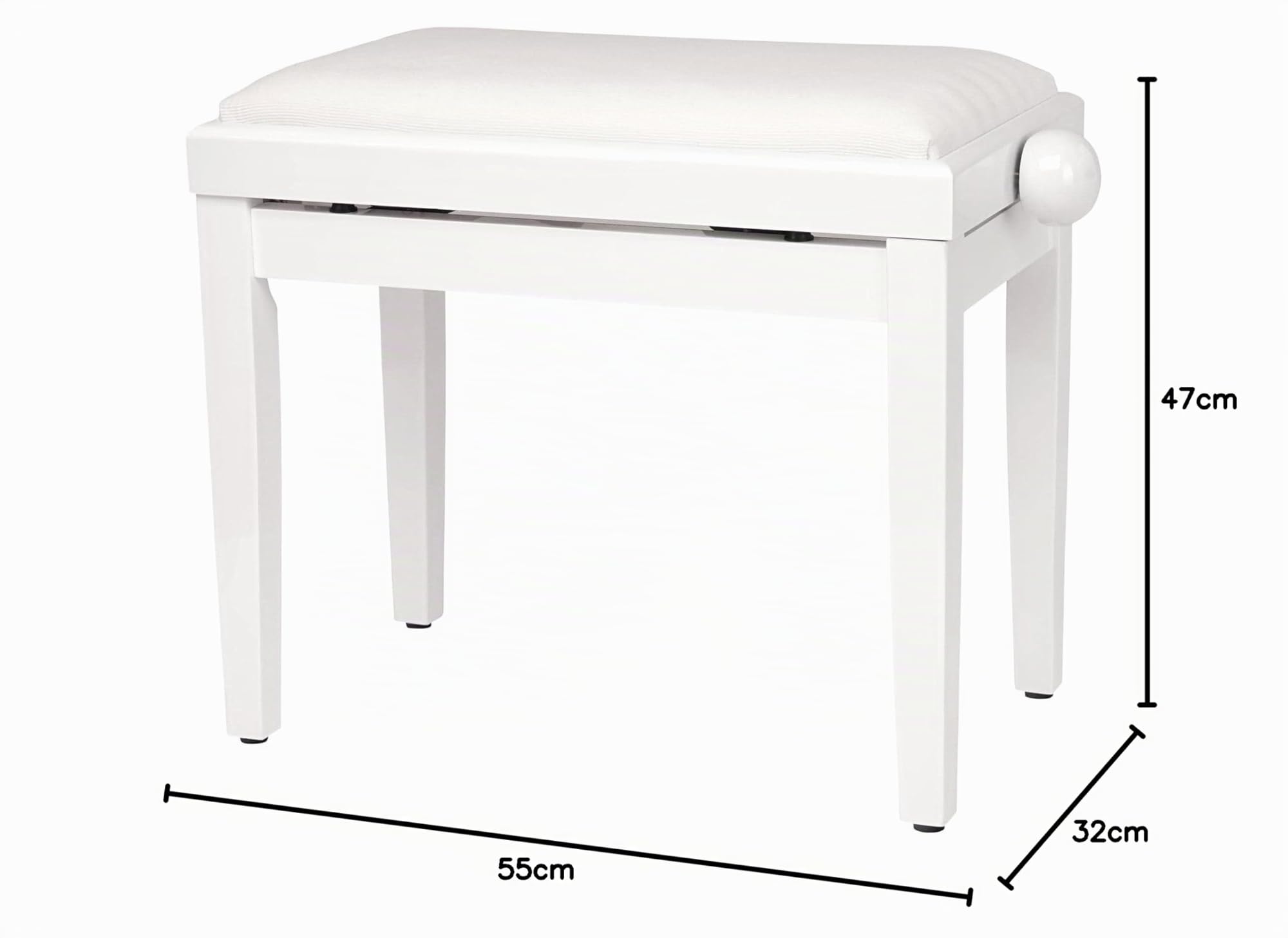 Classic Cantabile Banqueta para Piano Blanco Brillante - Altura Regulable de 47-56cm - Banco con Mecanismo de husillo - Asiento de Taburete 55 x 32cm - Silla con Funda de Terciopelo, Estable