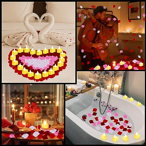 Image of Honoson 1000 Pieces Artificial White Yellow Rose Petals with 24 Pcs Flameless Heart Shaped LED Tealights Candles Special Romantic Night Decorations for Proposal Wedding Anniversary Table Decor