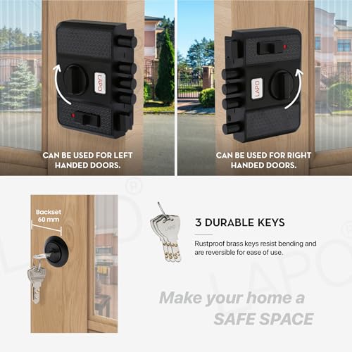 Image of LAPO Penta Lock with Keyed Entry, 4-Bolt Security, Privacy Lock & Large Interior Knob - for Single, Double & Sliding Doors, Left or Right-Handed, Black Finish,3 Years Warranty