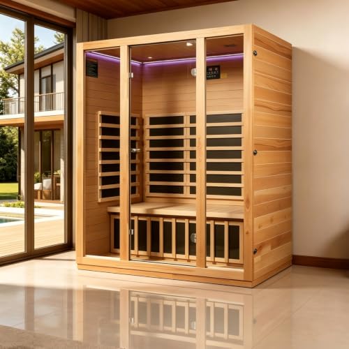 Image of 3 Person Far Infrared Sauna for Home, Hemlock Wood, Chromotherapy Lights | Low EMF infrared heating, HI-FI speaker, reading light, ventilation system, designed for apartment wellness