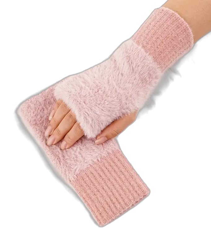 Womens Fingerless Gloves Soft Knit Winter Wrist Warmers with Faux Fur Trim Hand Washable Casual Wear Trendy Fashionable Pink One Size