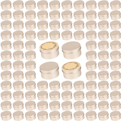 112 Pack 4oz/120ml Screw Top Aluminum Tin Jars with Screw Lids and Blank Labels - Refillable 120ml Metal Containers for Lip Balms, Candles, Salves, Spices, Crafts (Champagne)