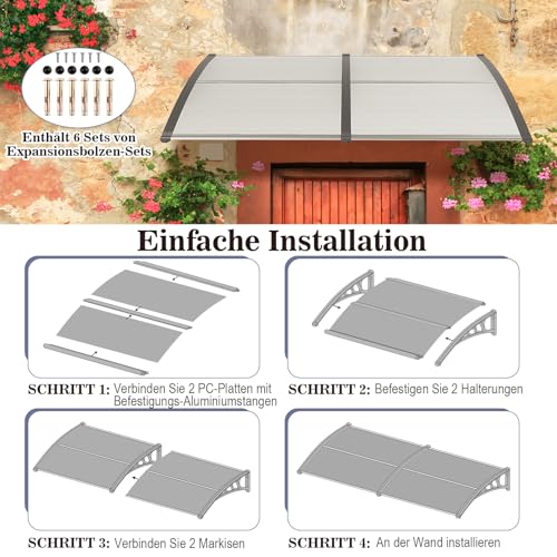 COSTWAY Vordach für Haustür 199 x 99 cm, Überdachung aus Aluminium und Polycarbonat, Transparentes Pultbogenvordach, Haustürvordach, Pultvordach, Haustürdach, Türvordach für Eingangsbereich (Silber)