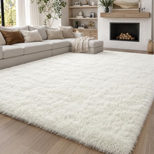 OuTanTe Hochflor Teppich 160x230cm, Creme Shaggy Teppich für Wohnzimmer, Flauschiger Kuschelteppich rutschfest, Moderner High-Pile Teppiche, Extra großer Teppiche für Schlafzimmer