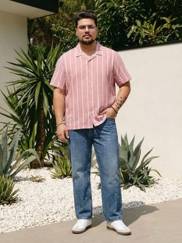 Image of Urbano Plus Men's Cotton Half Sleeve Relaxed Fit Linen Striped Shirt with Cuban Collar