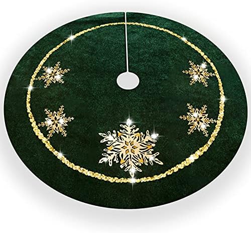 DAVID ROCCO 50 Inches Dark Green Velvet with Gold Glistening Snowflake Personalized Christmas Tree Skirt