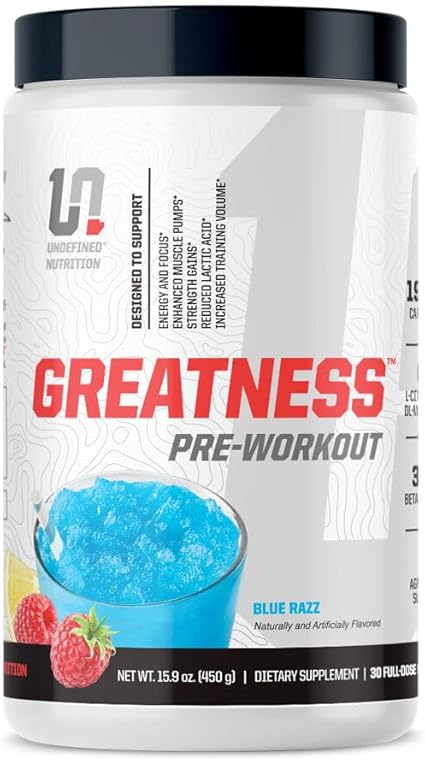 Undefined Nutrition Greatness Pre-Workout by Brian Shaw (30 Servings) – 6 g Citrulline Malate & 3.2 g Beta Alanine for Better Pumps, Energy, Focus and Strength for Men & Women (15.9 Oz, Blue Razz)