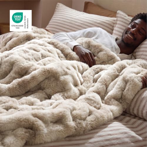 Image of Bedsure GentleSoft Bubble Faux Fur Blankets Queen Size, Fluffy Fuzzy Queen Blanket for Bed, Soft Cozy Faux Fur Bedding for Winter, Thick Warm Plush Bed Cover, Tie-dye Taupe, 90x90