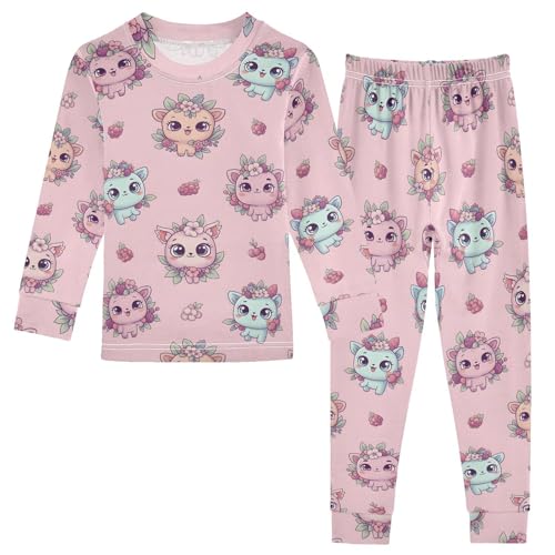 Pajama Sets Long Sleeve Cute Cats with Floral Crowns Soft Comfy Sleepwear 2 Piece PJS 3-8T