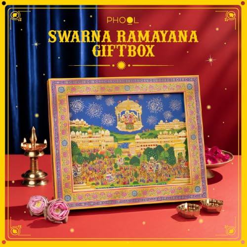 Image of Phool 17 Item Swarna Ramayana Frame Diwali Gift Box | Premium Festive Gift Hamper with Silver Lakshmi Charan Ceramic Diyas, Candle Lanterns, Sweets, & Diwali Essentials Hamper for corporate and festive gifting