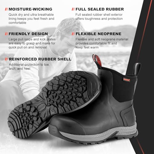Showave Regenstiefel für Herren, wasserdicht, für Ausflüge, Gummistiefel, isoliert, Schlamm, Booties für Trekking, Gartenarbeit, Landwirtschaft, Camping, Angeln und Arbeit, Schwarz, 43 EU