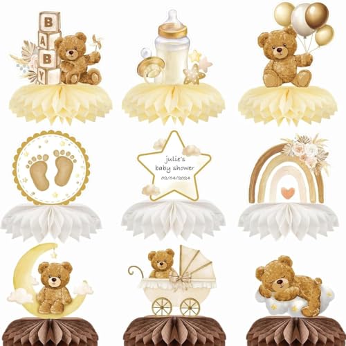YUVKIN 9 peças decoração de mesa para Baby Shower, centro de mesa com base de favo, motivo de urso castanho de nascimento, festa Baby Shower, ornamentos e mesa recém-nascida, aniversário