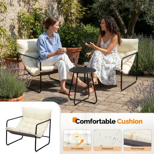 Bonnlo Salon de Jardin Exterieur 2 Personnes, Ensemble Fauteuil Salon et Table Basse, Meuble Exterieur avec Coussin Épais Amovible pour Balcon/Terrasse, Blanc
