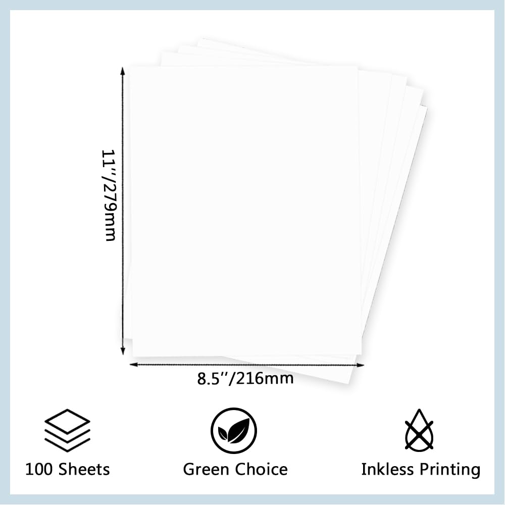 100 hojas de papel térmico individual de 8.5 x 11 pulgadas, color blanco, tamaño carta de EE. UU. para impresora portátil, compatible con impresora térmica, A285M/PD-A4/M08F-Letter/D810, etc