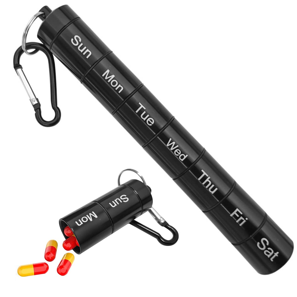 IBAMA Portable Pill Case Keychain 7 Days Pill Storage Box for Hiking Camping, Weekly Metal Pill Container with 7 Compartments for Travel Medicine Organizer