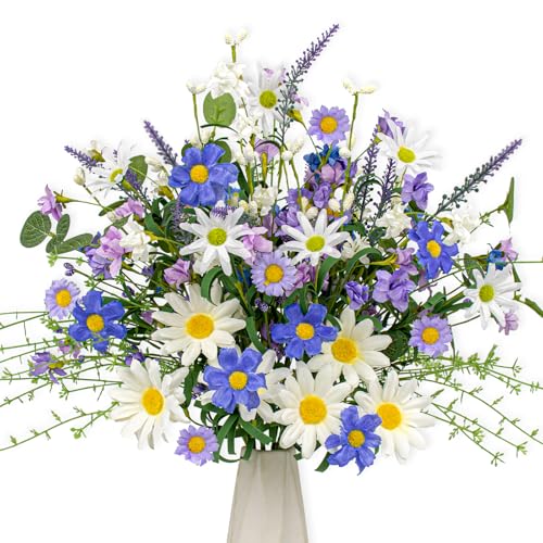 12 PCs Artificial Spring Flowers Blue Rustic Blue and White Artificial Flowers Wildflower Floral Stems with Daffodils Daisy Flower Picks for Vase Table Centerpieces Kitchen Spring Decor
