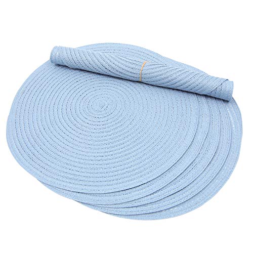 Image of SHACOS Round Braided Placemats Set of 4 Washable 15 inch Round Non Slip Table Place Mats for Dining Tables (Light Blue, 4)