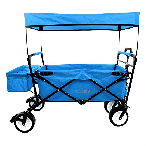 FUXTEC Faltbarer Bollerwagen JW-76C Türkis klappbar mit Dach, Vorderrad-Bremse, Strand-Reifen und Lenkdeichsel, Hecktasche, für Kinder geeignet - Das Original mit Qualität!
