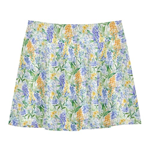 Colorful Spring Flower Flowy Girls Tennis Skirts with Built-in Shorts Pleated Skirt for Kids Little Girls Golf SkirtsWith Pockets