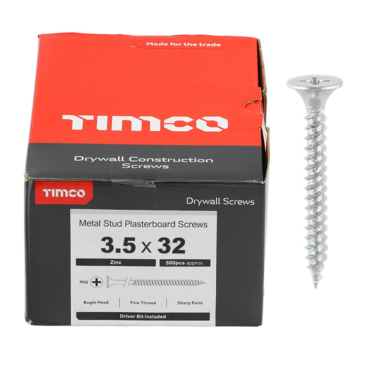 Timco Silver Bzp Ph2 Philips Drywall Screws - 3.5 X 32 - Zinc - Box Of 1000