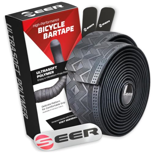SEER Bike Bar Tape New Ultra-Soft Polymer Handlebar Tape for Road & Gravel Bikes Comfortable Anti-Vibration Cycling Tape Complete Kit with 2 Rolls End Plugs & Finish Strips (Black)