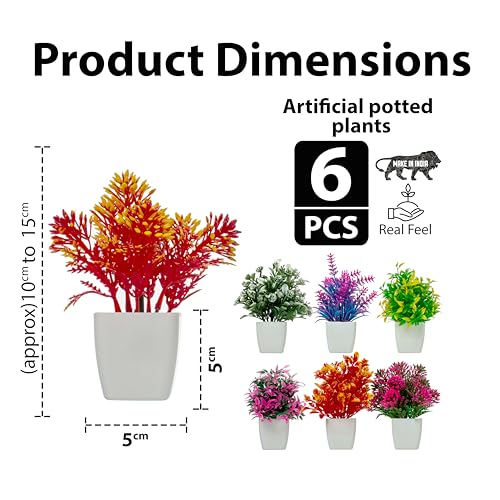 Image of JH Gallery Artificial Flowers, Small Indoor Potted Houseplants for Home Decor, Decoration Items for Living Room, Office and Bedroom, Artificial Plants with Pot (Pack of 6)