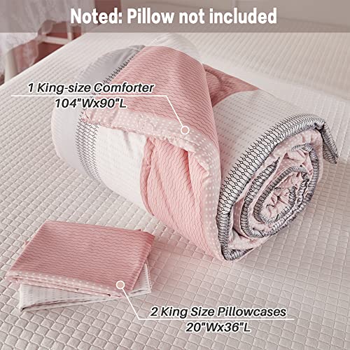 Litanika Pink King Size Comforter Set, 3 Pieces Blush White Colorblock Lightweight Bedding Comforter Set