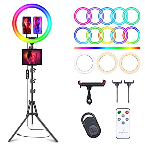 Image of 12 inch Selfie Ring Light with 75 inch Tripod Stand & 2 Phone Holder, LED Camera Ringlight with 48 RGB Colors Modes & Musical Rhythm Mode and 12 Brightness Dimmable for TikTok /Makeup /Photography /Vlog