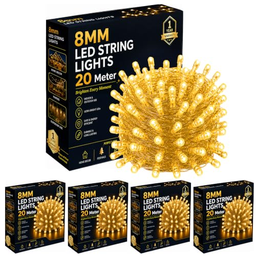 Image of Gesto 20 Meter LED String Lights - Warm White 8mm Big Led Fairy Lights for Decoration | 360 Glow Waterproof Copper Wire Lights for Home Decor Balcony Outdoor Christmas & Diwali Decoration- Pack of 5