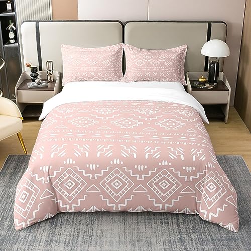 100% Cotton Girls Western Bedding Sets Single Pink Boho Aztec Duvet Cover for Teen Women Bohemian Geometric Comforter Cover Exotic Ethnic Tribal Bedspread Cover Rustic Farmhouse Home Room Decor 2 Pcs