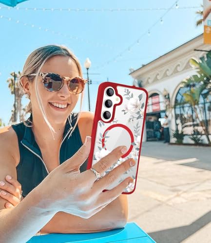 Image of VONZEE Compatible with Samsung Galaxy S25 Plus 5G Case Luxury Retro Flowers Floral Clear for Magnetic Wireless Charging Clear Case Shockproof PC+TPU Cute Glossy Shiny Cover for Girls Women, Red