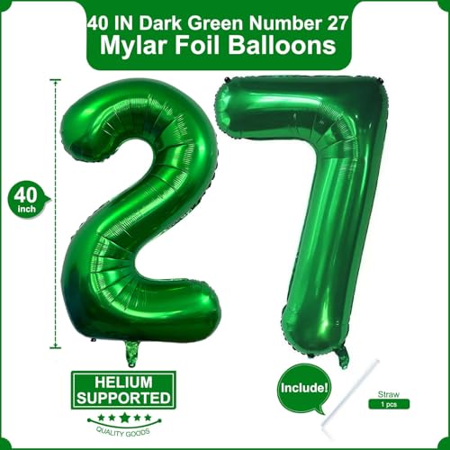 Image of Number 27 Dark green Balloons 40 Inch Giant Dark green Foil 27 Helium Balloons for 27th Dark green Birthday Party Supplies 27th Anniversary Events Decorations