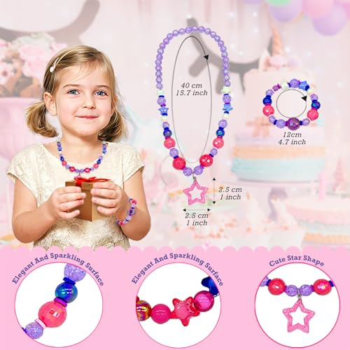 Little Girls Jewelry Sets Kids Jewelry Beaded Necklace Bracelet with Pink Star Pendant Stretchy Chunky Costume Jewelry Gift Party Favors for Girls Toddler3