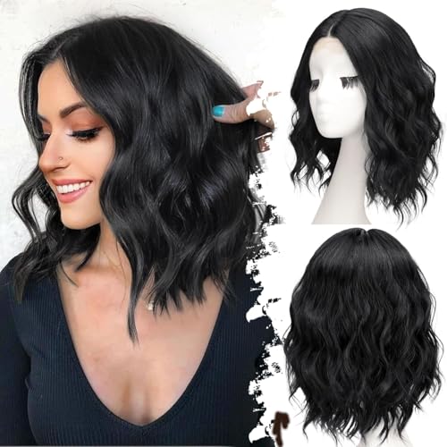PORSMEER Peluca Corto Ondulado Bob Negro Encaje Frontal Natural Pelucas para Mujer, Brasileña Parte Media Lace Front Sintético Pelo Completo para Halloween Cosplay Disfraz 14