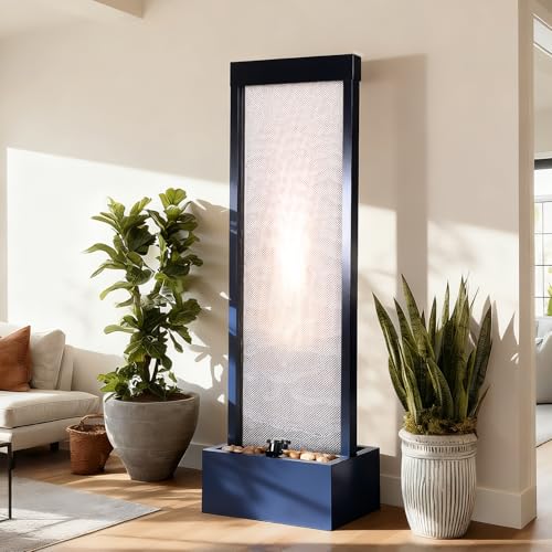 Jocoevol Mesh Panel Waterfall Fountain Large Indoor Water Feature with Stones & Light 63.4 Floor Standing Water Wall for Home Decor Living Room Patio Outdoor Garden