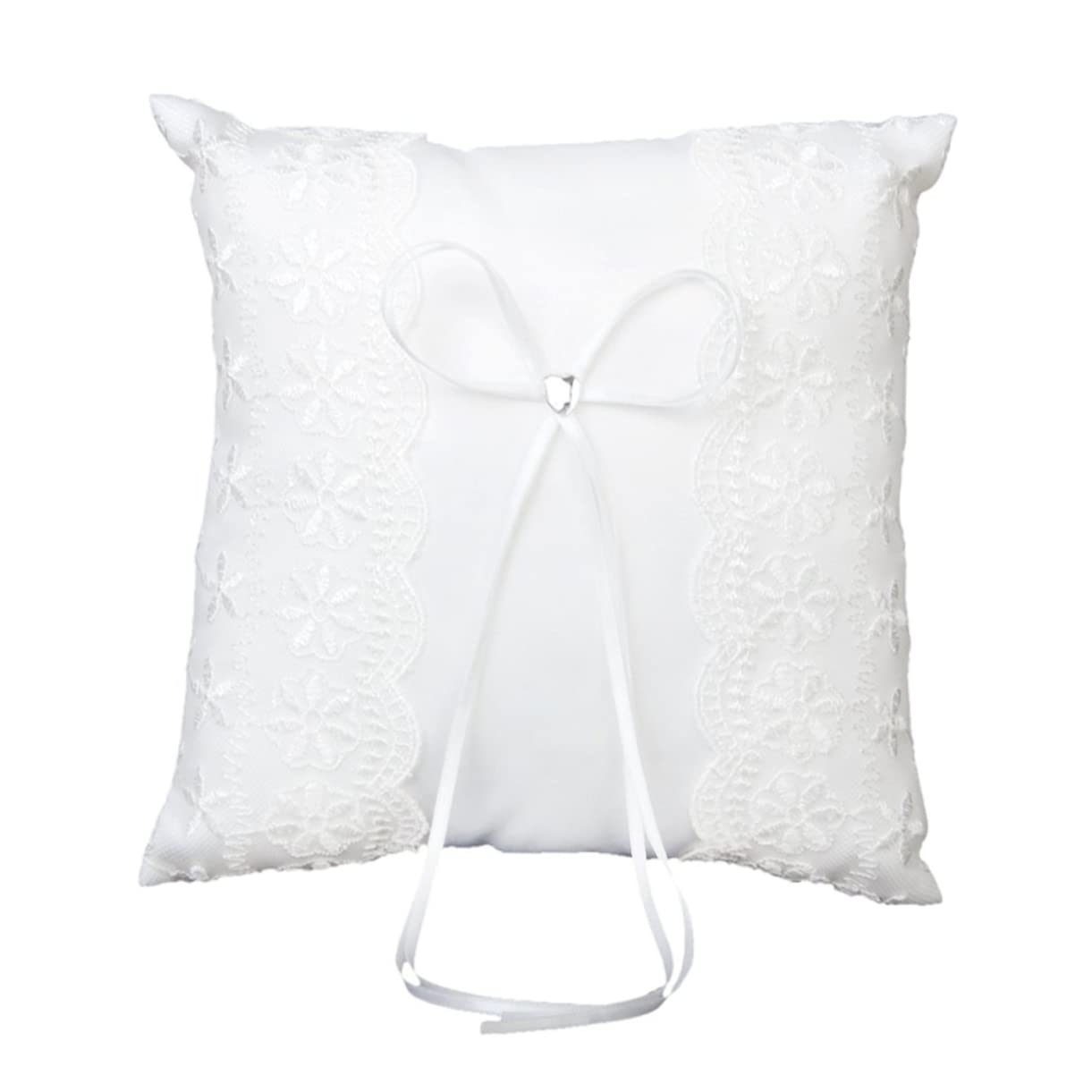 KOMBIUDA Lace Wedding Pillow Cushion Rhinestone Heart for Ceremony Elegant Decorative Pillow for Brides and Grooms Includes Strap for Page Boy Hold