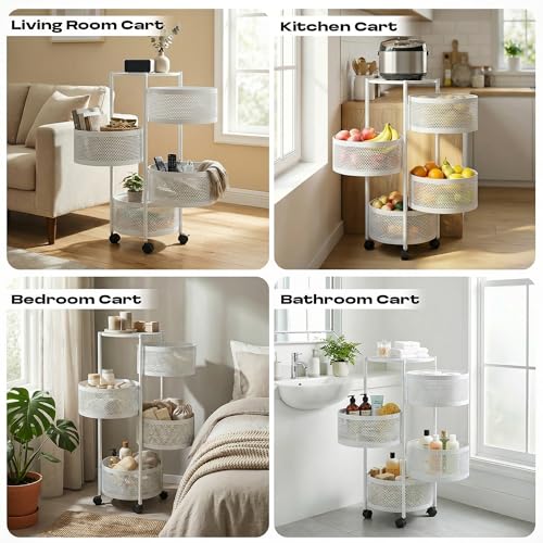 Image of Metal Multi-Purpose Trolley Kitchen Storage Organizer Rack Stand with 360 Wheels | 4 Layer Round Design | Kitchen Accessories Items for Fruit Vegetable Onion Rack for Kitchen (White)