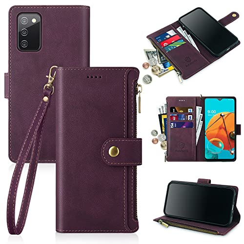 Antsturdy Samsung Galaxy A02S Wallet case with Card Holder for Women Men,Galaxy A02S Phone case RFID Blocking PU Leather Flip Shockproof Cover with Strap Zipper Credit Card Slots,Wine Red