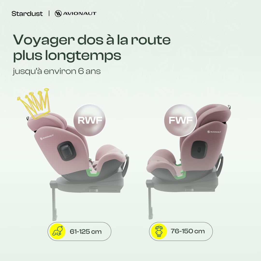 Avionaut Stardust 360° testé par ADAC, Siège auto enfant pivotant Groupe 1/2/3 61-150 cm | I-Size, installation dos et face à la route, inclinable, respirant – de la naissance à 12 ans