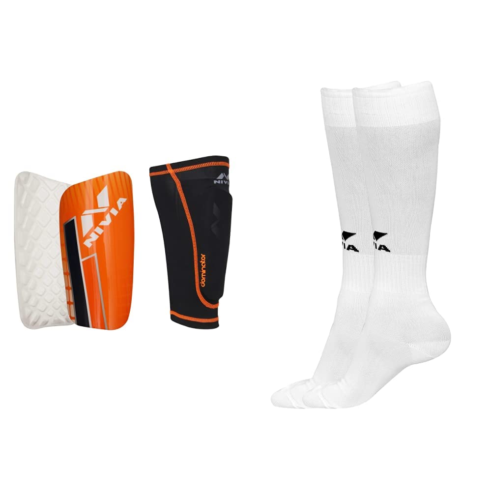 Nivia Dominator 7027 Football Shin Guards with Sleeves, Medium (Blue/White/Orange) & Nivia 728LWB Encounter Blend Stockings, Large (White) Combo (B086163RRJ) Amazon Price History, Amazon Price Tracker