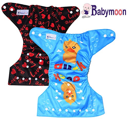 Image of Babymoon (Set of 2) Reusable Cloth Diaper, Premium Adjustable Size Waterproof Washable Pocket Cloth Diaper Nappie (Duck & Love)