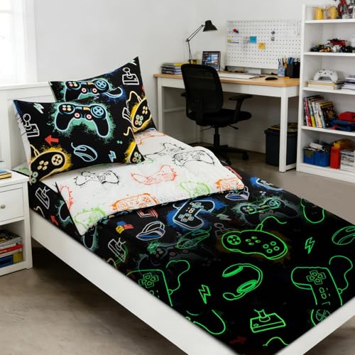 Image of Meeting Story Zipper Bedding Full Zip Up Game Bedding Sets for Boys and Kids,Gaming Players 3 Pcs Comforter Bed in a Bag with Fitted Sheet and 2 Pcs Pillowcases(Blackgreen,Full)