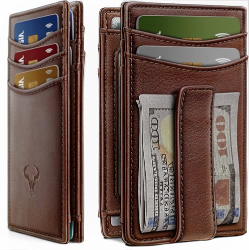 Image of Contacts RFID Blocking Magnetic Closure Slim Genuine Leather Front Pocket Wallet for Men Holds up to 12 Cards Including 1 ID Window Along with Money Clip (Brown)