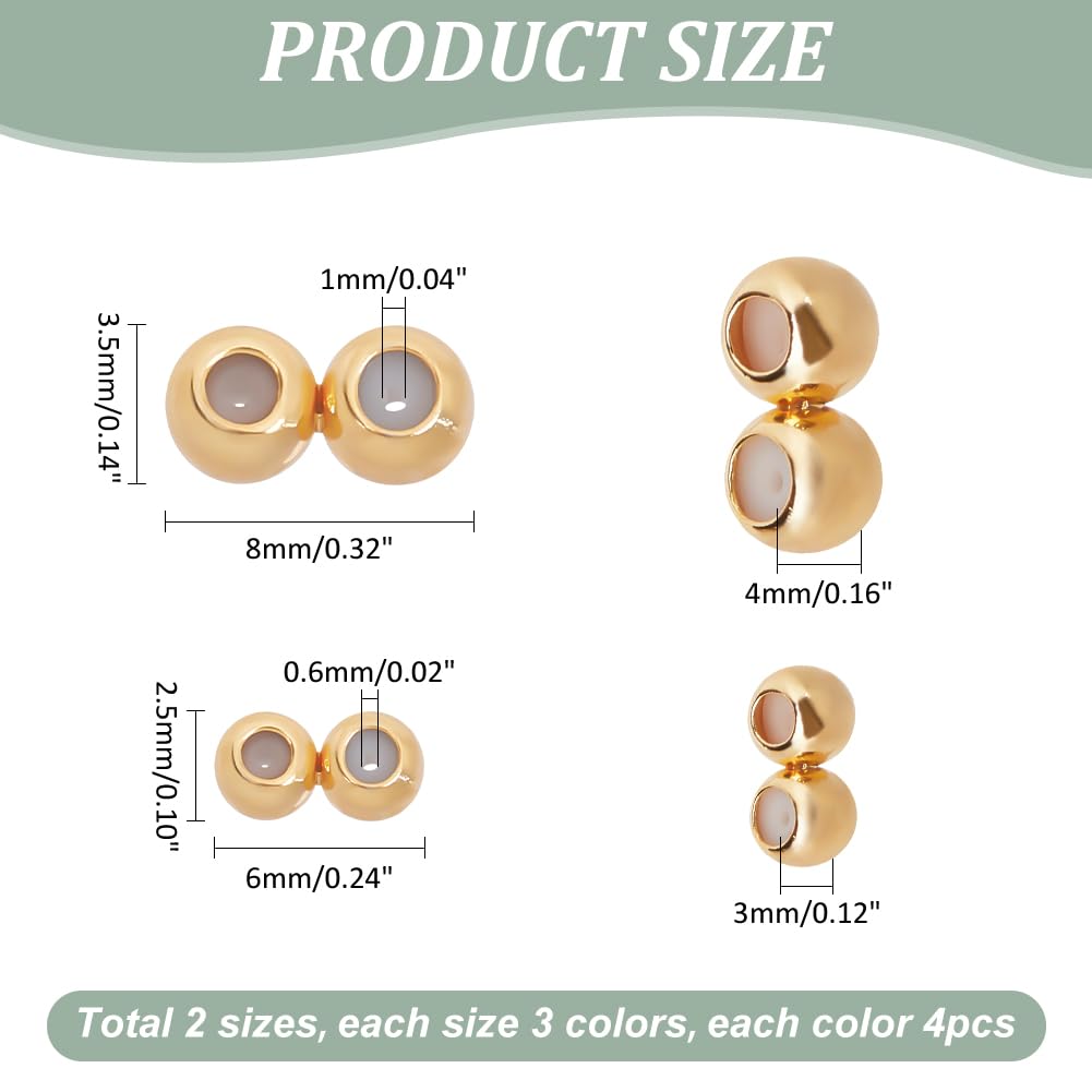 PH PandaHall 3 Colors 24PCS 18k Gold Plated Stopper Beads Double Hole Beads Silicone Slider Bead Adjustable Round Spacer Bead for DIY Bracelet Necklace Earring Jewelry Making - Image 2