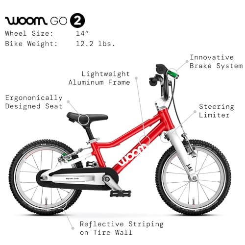 Image of woom GO 2 Bicycle for Children 3 to 4.5 Years Old, 14-Inch Lightweight Bike with Handbrake, Steering Limiter & Chainguard for Boys & Girls