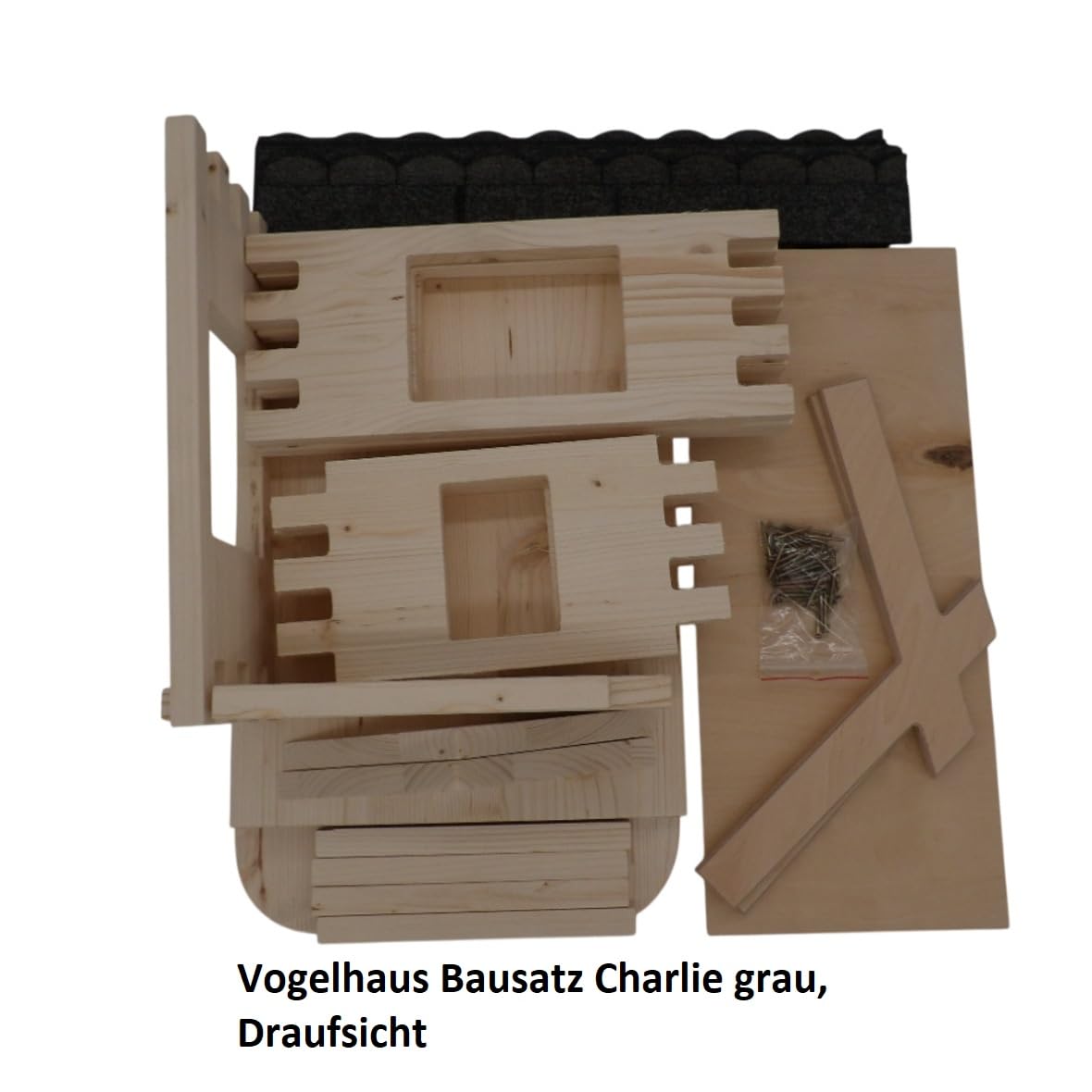 Vogelhaus Bausatz Charlie grau Manufaktur Martinshof L: 47 cm B: 38,5 cm H: 43 cm Material: unbehandeltes Fichtenholz Futterhaus Garten Outdoor Holz Geschenk Balkon