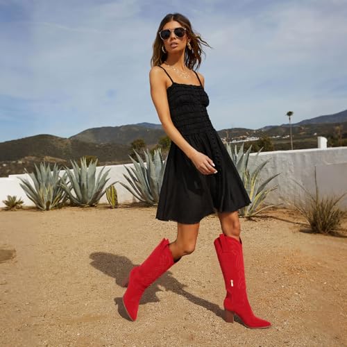 Image of VOMIRA Knee High Cowboy Boots for Women Pointed Toe Chunky High Heels Pull-on Embroidered Boots Western Boots Wide Calf Cowgirl Boots