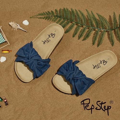 Image of PepStep Slide Sandals for Women or Ladies Dressy Summer Casual, Cute Bow Tie Knot On Top Strap, Comfy Slip On Cork Foot Bed