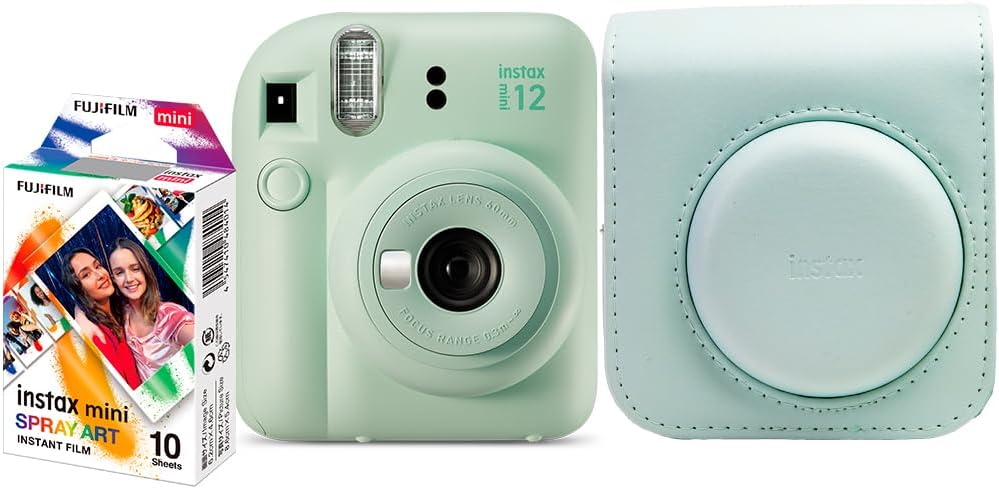 Kit Câmera Instax Mini 12 com pack 10 fotos Spray Art e Bolsa Verde Menta