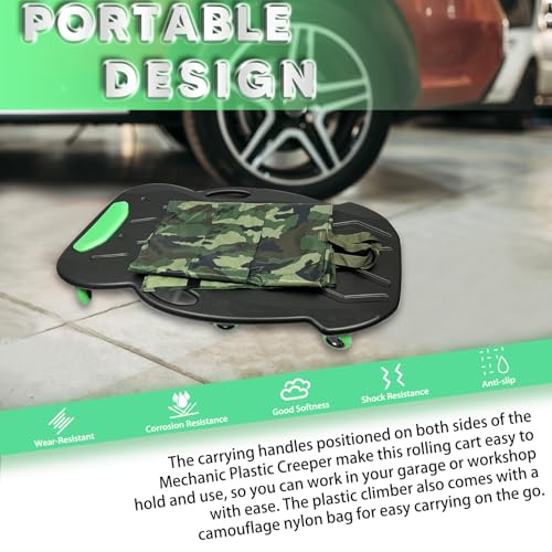VONLX 41\" Plastic Rolling Garage Creeper with Padded Headrest with 6 Noiseless Casters, Creeper & Recovery Traction Board, Two-in-One Design, Blow Molded Plastic Rolling Shop Creeper Lightweight